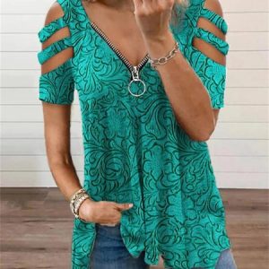 Floral Casual Loose V Neck Shirt, Shirts & Blouses, color:Green|size:XXL, JustFashionNow