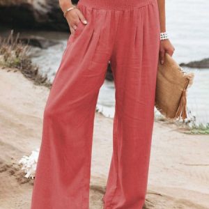 Casual Plain Natural Long Elastic Band Scramble Wide Leg Pants, Pants, color:Orange Red|size:3XL, Noracora