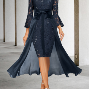 Elegant Boat Neck Wedding Guest Dress With Belt, Midi Dresses, color:Navy Blue|size:XXL, Stylewe