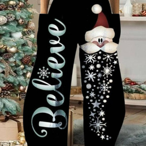 Women's Loose Casual Pants Christmas Letters and Santa Claus Printed, Pants, color:Black|size:XXL, JustFashionNow
