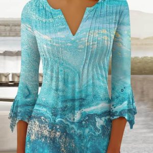 Casual Floral V Neck Regular Fit Shirt, Shirts & Blouses, color:Aqua blue|size:3XL, JustFashionNow