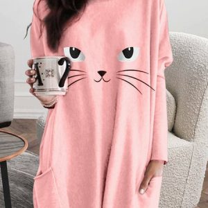 JFN Crew Neck Casual Loose Long sleeve Cute Cat T-shirt Tunic, T-Shirts, color:Pink|size:XXL, JustFashionNow