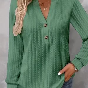Notched Long Sleeve Plain Buttoned Regular Micro-Elasticity Loose Shirt For Women, Shirts, color:Green|size:XXL, Noracora