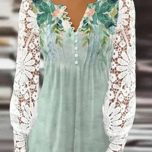 V Neck Loose Casual Floral Top, Shirts & Blouses, color:Green|size:XXL, JustFashionNow
