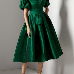 Elegant Square Neck Regular Fit Wedding Guest Dress, DENIM, color:Green|size:XXL, Stylewe
