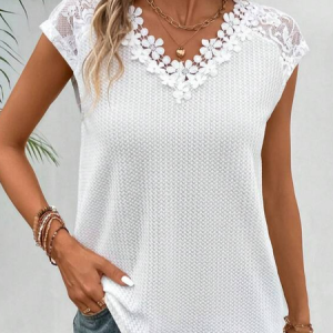 Loose Casual V Neck Lace Shirt, Shirts & Blouses, color:White|size:XXL, JustFashionNow