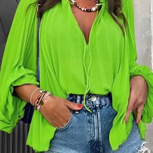Urban V Neck Loose Plain Blouse, Blouses and Shirts, color:Green|size:XXL, Stylewe