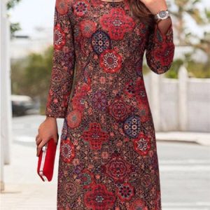 Women Ethnic Crew Neck Long Sleeve Comfy Casual Short Dress, Dresses, color:Red|size:4XL, Noracora