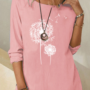 Crew Neck Long Sleeve Dandelion Heavyweight Loose Shirt For Women, Blouses, color:Pink|size:XXL, Noracora