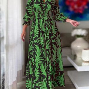 Urban Lantern Sleeve Printing Dress, Dresses, color:Black-green|size:3XL, JustFashionNow