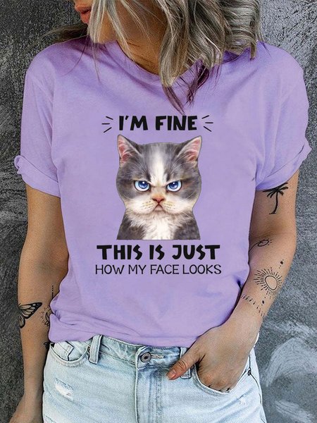 Women's Casual Cotton I’m fine This Is Just How My Face Looks Grumpy Kitty Cat Funny Cat T-Shirt, T-shirts, Lilicloth.com