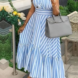 One Shoulder Vacation Striped Sleeveless Dress, Maxi Dresses, color:Blue|size:XXL, Stylewe