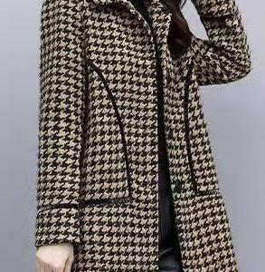 Shawl Collar Long Sleeve Houndstooth Buckle Regular Loose Coat For Women, Coats, color:Khaki|size:4XL, Noracora