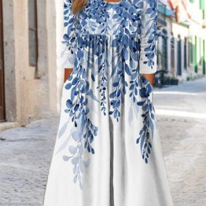 Women Leaf Crew Neck Long Sleeve Comfy Casual Midi Dress, Dresses, color:white-blue|size:XXL, Noracora