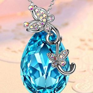 Butterfly Blue Drop Crystal Pendant Necklace, Necklaces, color:Blue, JustFashionNow
