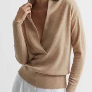 Casual V Neck Long Sleeve Sweater, Sweaters, color:Khaki|size:XXL, Stylewe