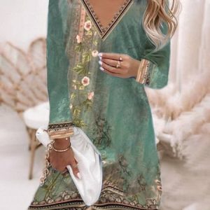Casual Floral V Neck Regular Fit Dress, Dresses, color:Green|size:3XL, JustFashionNow