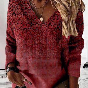 Ethnic Long Sleeve V Neck Casual Sweatshirt, Sweatshirts & Hoodies, color:Red|size:XXL, JustFashionNow