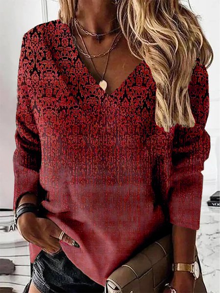 Ethnic Long Sleeve V Neck Casual Sweatshirt, JustFashionNow Sweatshirts & Hoodies, color:Red|size:XXL,