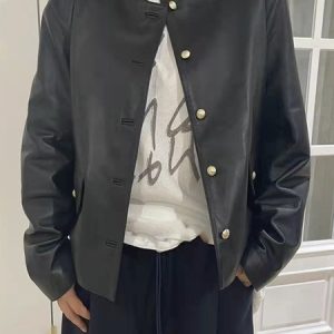 Crew Neck Long Sleeve Plain Regular Loose Leather & Faux Leather For Women 2023, Coats, color:Black|size:L, Noracora