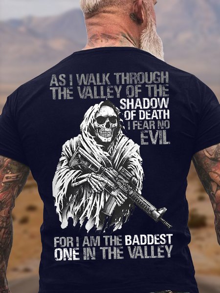 Men's Funny As I Walk Through The Valley Of The Shadow Of Death I Fear No Evil For I Am The Baddest One In The Valley Graphic Printing Cotton Casual Skull Crew Neck T-Shirt, color:Purplish blue|size:3XL, Lilicloth.com