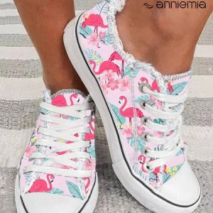 Pink Flamingo Floral Printed Raw Hem Casual Canvas Shoes, color:Pink|size:43, Lilicloth.com