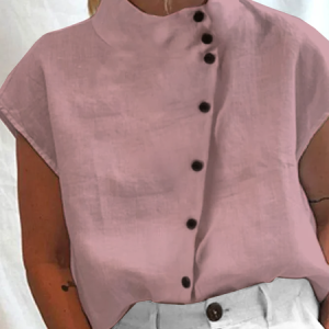Women's Cotton Linen Stand Collar Casual Shirt, Blouses, color:Pink|size:M, Noracora