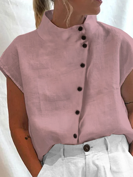Women's Cotton Linen Stand Collar Casual Shirt, Shirts & Blouses, color:Pink|size:XXL, JustFashionNow