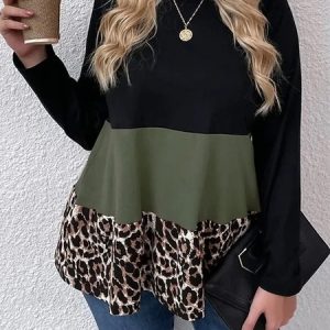 Casual Leopard Crew Neck Regular Fit T-Shirt, T-Shirts, color:Green|size:4XL, JustFashionNow