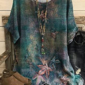 Casual Floral Loose Crew Neck T-Shirt, T-Shirts, color:darkgreen|size:3XL, JustFashionNow