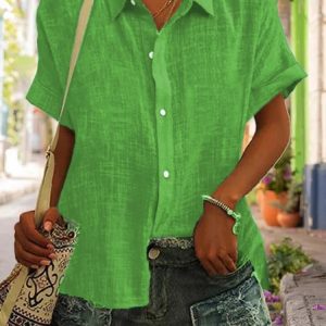 Women Casual Green Shirt Collar Button Down Short Sleeve Blouse, Blouses & Shirts, Roselinlin - Online Catalog