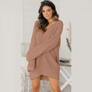 Women Plain V Neck Long Sleeve Comfy Casual Short Sweater Dress, Sweater Dresses, color:Pink|size:XXL, Noracora
