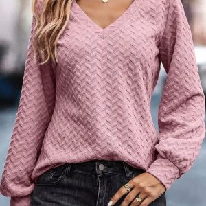 Casual V Neck Plain Sweatshirt, Hoodies & Sweatshirts, color:Pink|size:XXL, Noracora