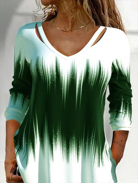 Color Block Long sleeve Casual T-Shirt Tunic, Shirts & Blouses, color:Green|size:XXL, JustFashionNow