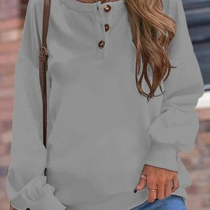 Women's Henley Shirts Long Sleeve round Neck Sweatshirts Button Down Casual Tunic Tops, Sweatshirts & Hoodies, color:Gray|size:XXL, JustFashionNow