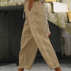 Women's Casual Plain Cotton Linen Loose Pant, Pants, color:Khaki|size:XXL, JustFashionNow