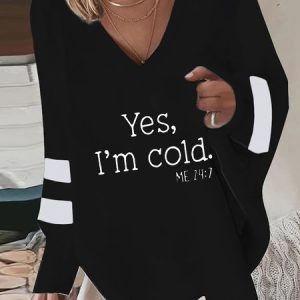 V Neck Casual Sentence Loose Sweatshirt, color:Black|size:XXL, Lilicloth.com