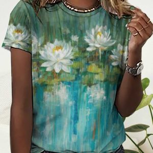 Women's Floral Water Lily Print Crew Neck Simple T-Shirt, color:Green|size:3XL, Lilicloth.com
