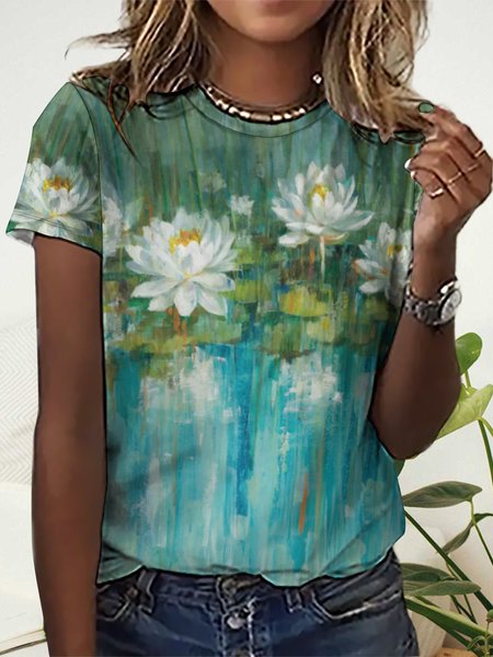 Women's Floral Water Lily Print Crew Neck Simple T-Shirt, T-shirts, Lilicloth.com