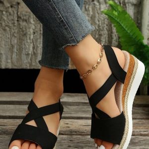 Cutout Fastener Wedge Heel Espadrille Sandals, Sandals, color:Black|size:43, Noracora