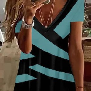 Colorblock Casual V Neck T-Shirt, T-Shirts, color:Blue|size:XXL, JustFashionNow