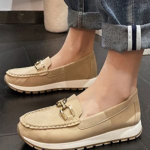 Khaki Leather Chunky Gold Rhinestone Chain Casual Loafers, Flats, color:Khaki|size:43, JustFashionNow