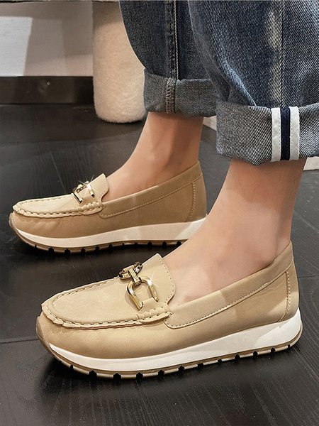 Khaki Leather Chunky Gold Rhinestone Chain Casual Loafers, Flats, color:Khaki|size:43, JustFashionNow