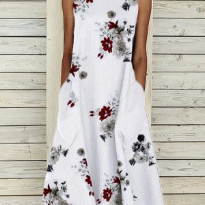 Floral Printed Sleeveless Cotton Blend Shift White Casual Dress, Midi, color:White|size:3XL, catalog Noracora shop