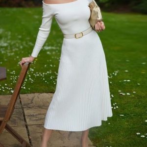Elegant Pleated Plain Sweater Dress With No Belt, Midi Dresses, color:White|size:XXL, Stylewe