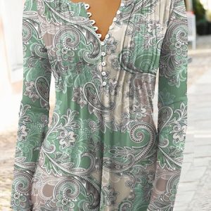 Ethnic Printed Jersey Casual Long Sleeve TUNIC Top, Blouses, color:Green|size:XXL, Noracora