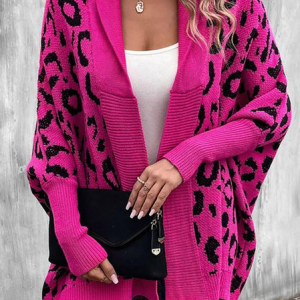 Women Yarn/Wool Yarn Leopard Long Sleeve Comfy Casual Cardigan, Cardigans, color:Rose Red|size:XXL, Noracora