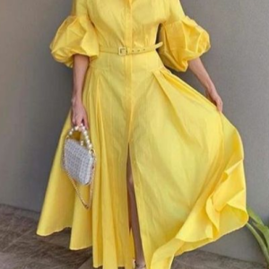 Plain Elegant Shirt Collar Dress, Maxi Dresses, color:Yellow|size:XXL, Stylewe
