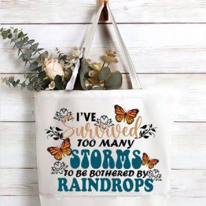 Women's I've Survived Too Many Storms To Be Bothered By Raindrops Shopping Tote, color:White|size:One-size, Lilicloth.com