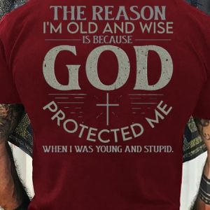 Men's Christian The reason I am old and wise because God protected me Casual Cotton Crew Neck T-Shirt, color:Red|size:3XL, Lilicloth.com